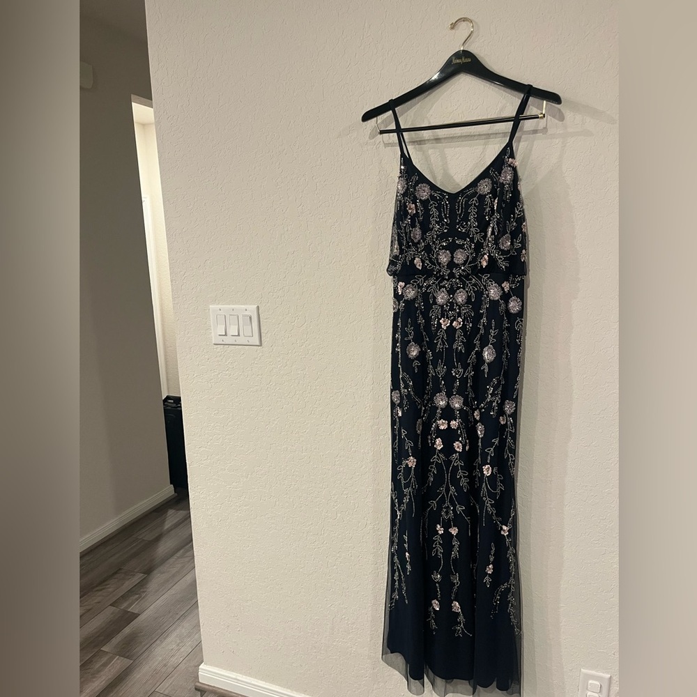 Adrianna Papell Floral Beaded Blouson Gown Black/Multi Color, Size 10